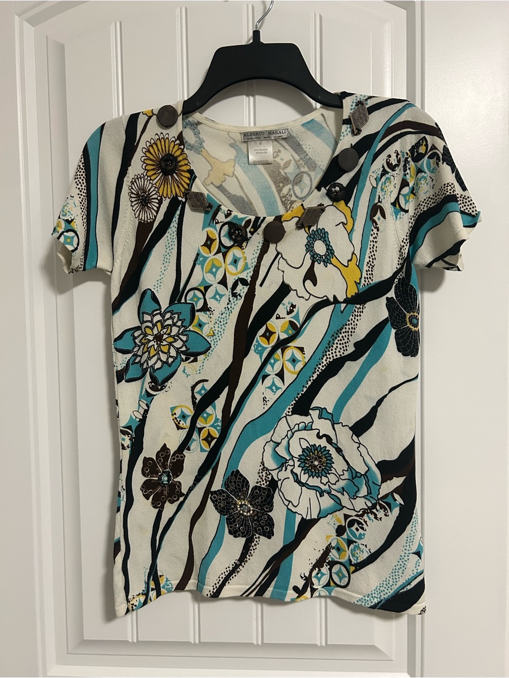 Alberto Makali Teal, Black & Cream Floral Short Sleeve Top